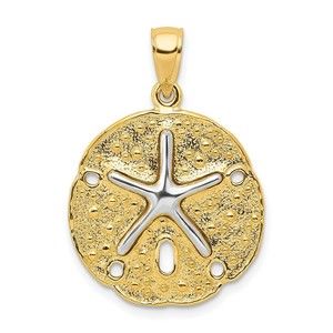 10k Yellow Gold Two Tone Sand Dollar Starfish Necklace Charm Pendant